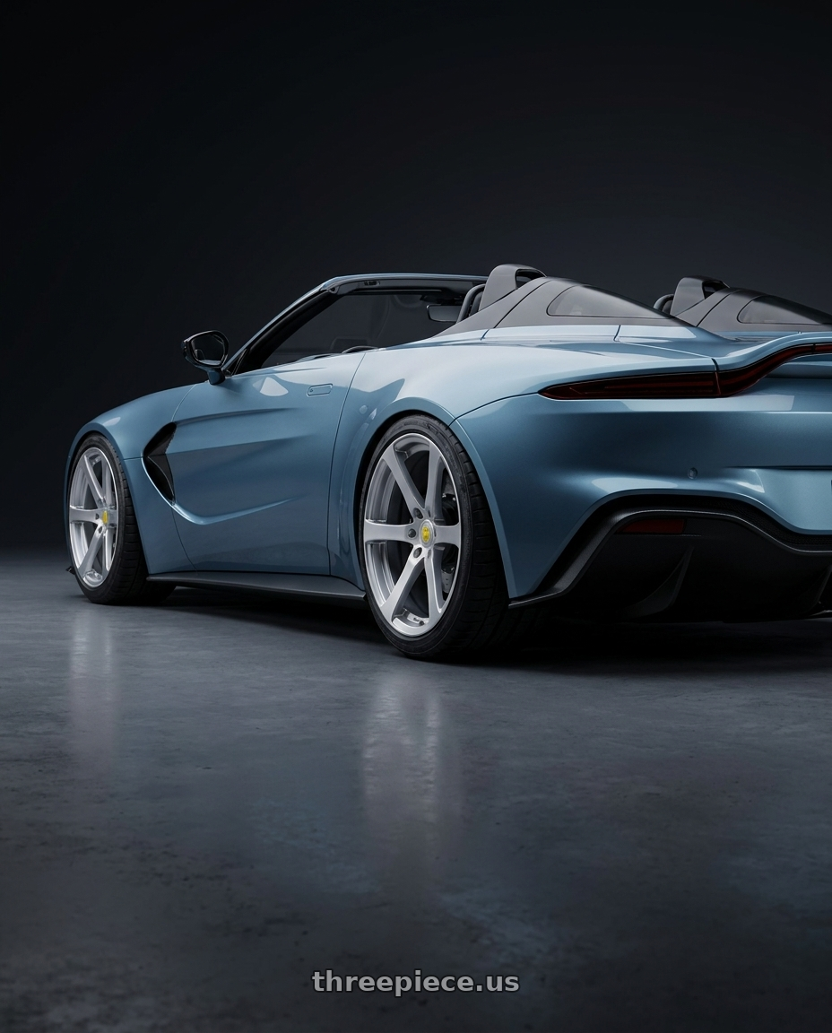 2021 ASTON MARTIN V12 SPEEDSTER with Genius NEWTON 3X112 15X6.5 +22 HYPER SILVER wheels rear three quarter view square tires