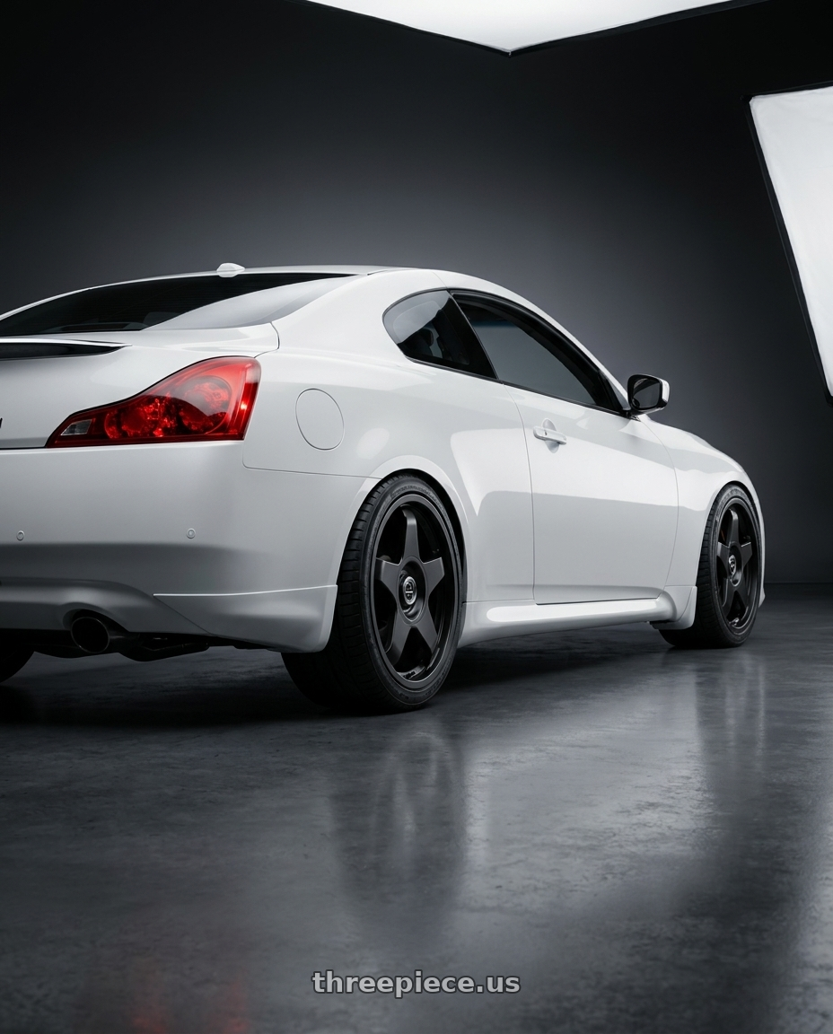 2014 Infiniti G37 Coupe with fifteen52 CHICANE 5x114.3 / 5x120 19x8.5 +35 ASPHALT BLACK (SATIN BLACK) wheels rear three quarter view square tires