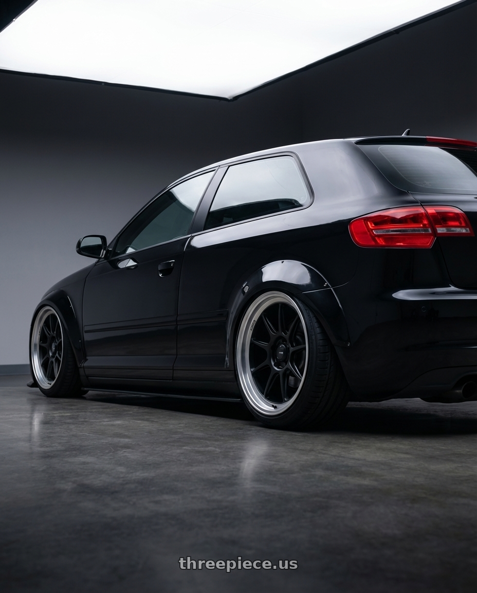 2012 Audi A3 8P with Konig Countergram 5x112 19x9.5+30 Matte Black / Matte Machined Lip wheels rear three quarter view slight stretch tires