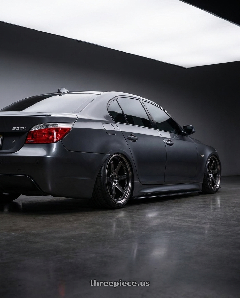 2007 bmw 535i with Volk Racing TE37SL 5x114.3 19x10.5+12 Pressed Double Black wheels rear three quarter view slight stretch tires