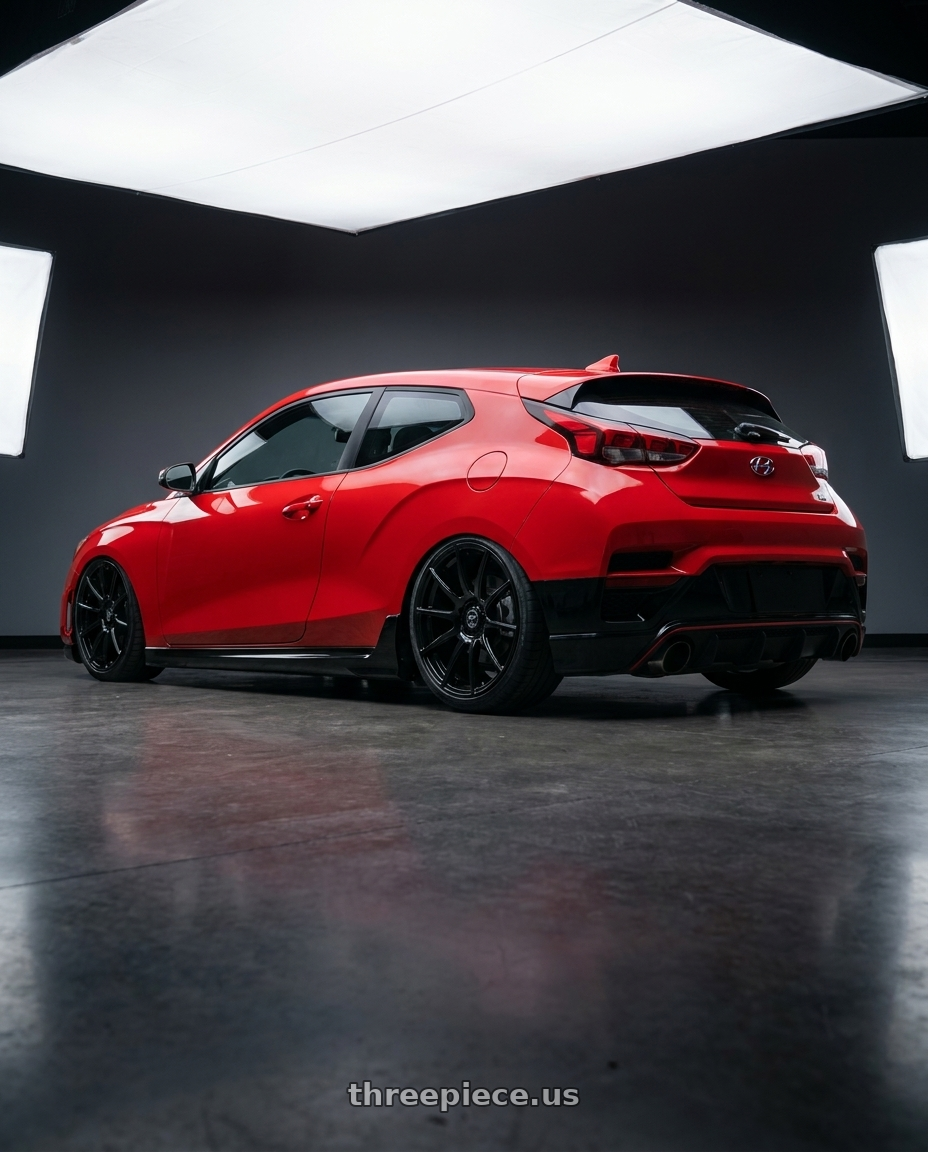 2022 Hyundai Veloster N with Forgestar CF10 5x114.3 19x9.5 +29 Gloss Black wheels rear three quarter view slight stretch tires