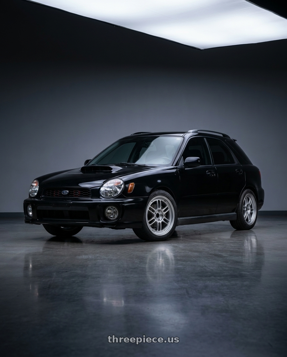 2002 Subaru Impreza WRX with Enkei RPF1 5x100 17x8+45 Silver wheels front three quarter view stock stance