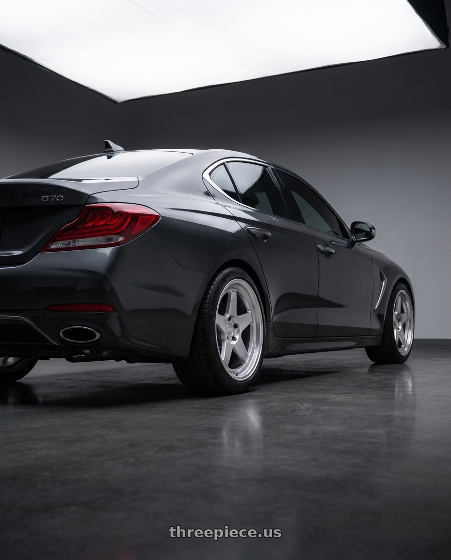 2019 Genesis G70 with Kansei K12H KNP 5X100 18x10.5 12 Hyper Silver wheels rear three quarter view slight stretch tires