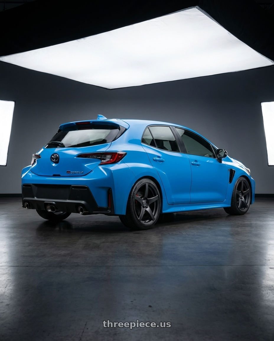 2024 Toyota GR Corolla with Forgestar CF5 5x114.3 18x9 +35 Satin Black wheels rear three quarter view square tires