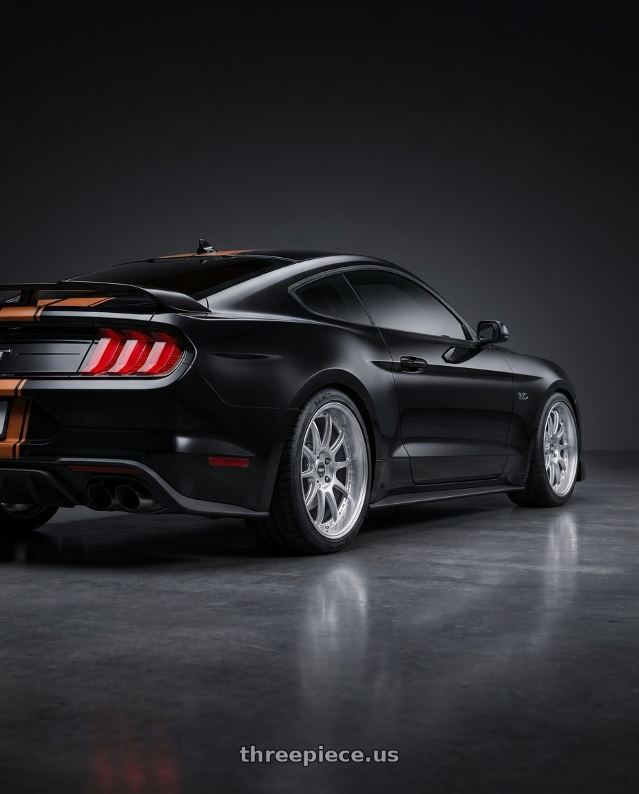 2022 ford mustang gt with ESR Wheels CS SERIES CS12 5x100 18x8.5 +30 Hyper Silver wheels rear three quarter view square tires