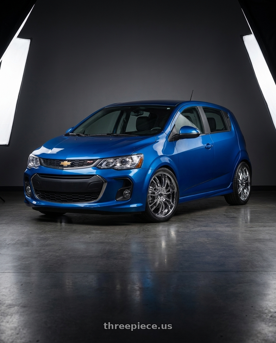 2020 Chevrolet Sonic RS Blue with Helo HE845 5X108/5X114.3 17X7.5 +42 CHROME wheels