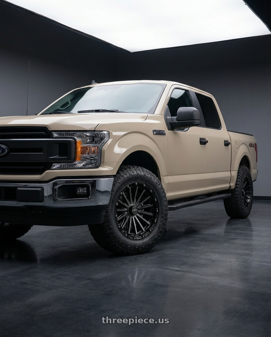 2019 Ford F-150 with KMC KM102 SIGNAL 6X135/6X139.7 20X9 +0 SATIN BLACK WITH GRAY TINT wheels front three quarter view stock stance