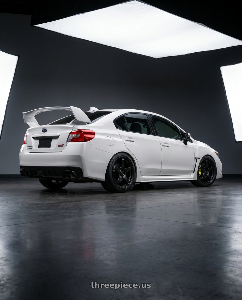 2018 Subaru WRX STI with Rosenstein Wheels CR 5x100 18x8.5 +35 Matte Black wheels rear three quarter view square tires