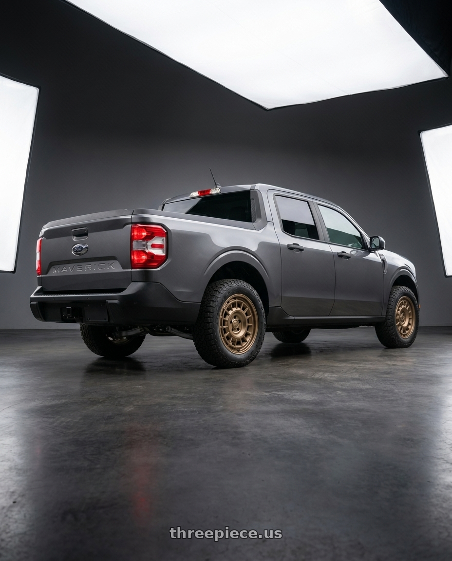 2024 Ford Maverick  with fifteen52 ALPEN MX 5x108 17x8 +38 DESERT BRONZE (MATTE BRONZE) wheels rear three quarter view square tires