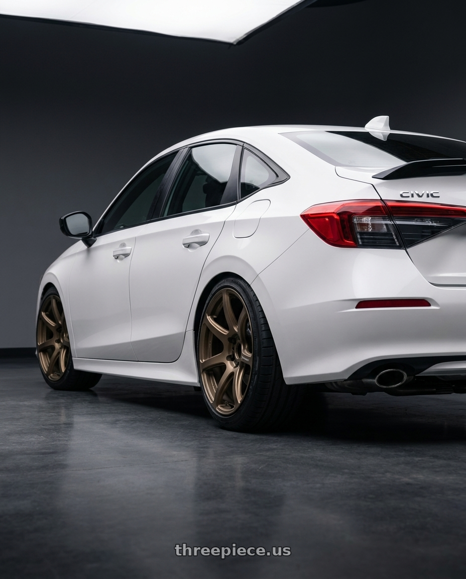 2026 Honda Civic Si with Work Emotion T7r 5x100 18x10.5 +12 Matte Bronze wheels rear three quarter view slight stretch tires