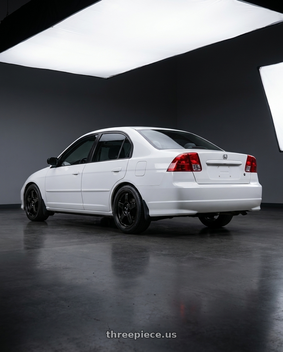 2004 Honda Civic with Vors LT05 4x100 15x7  +40 Gloss Black wheels rear three quarter view square tires