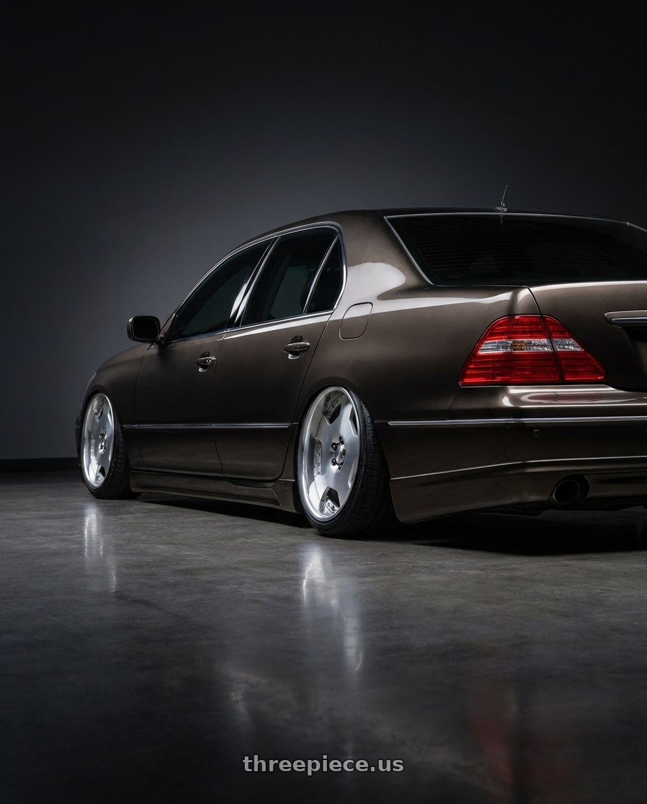 2004 Lexus LS430 with Work Lanvec Ld1 5x114.3 20x9.5+38 O Disk Machine Silver Polish wheels rear three quarter view slight stretch tires