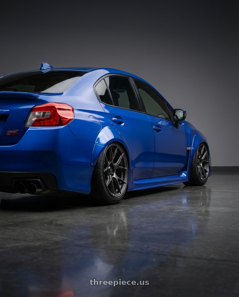 2018 Subaru WRX STI with Konig Ampliform 5x114.3 18x9.5+25 Dark Metallic Graphite wheels rear three quarter view slight stretch tires