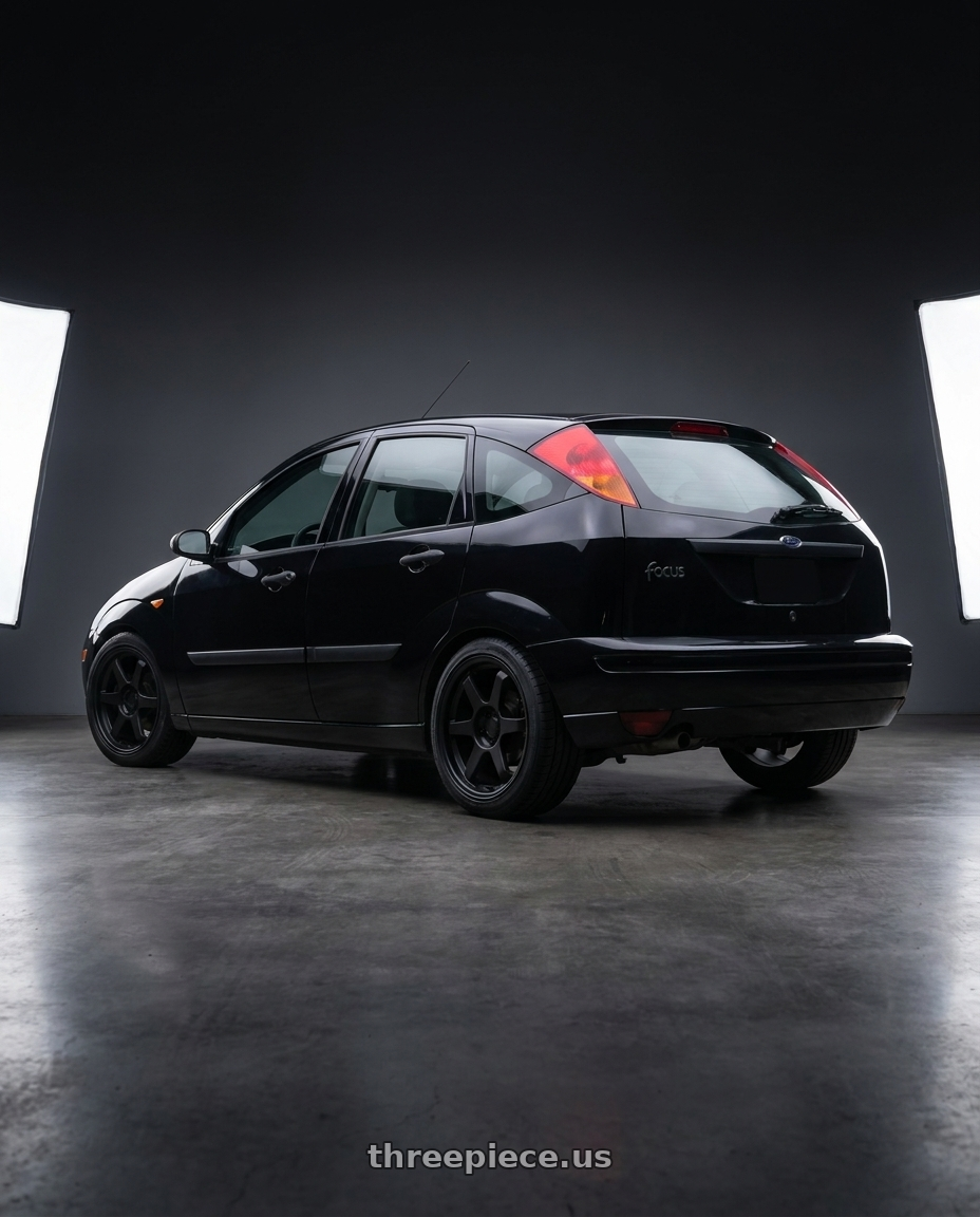 2004 ford focus hatchback with 9six9 SIX-1 5x114.3 17X8 +35 Matte Black wheels rear three quarter view square tires
