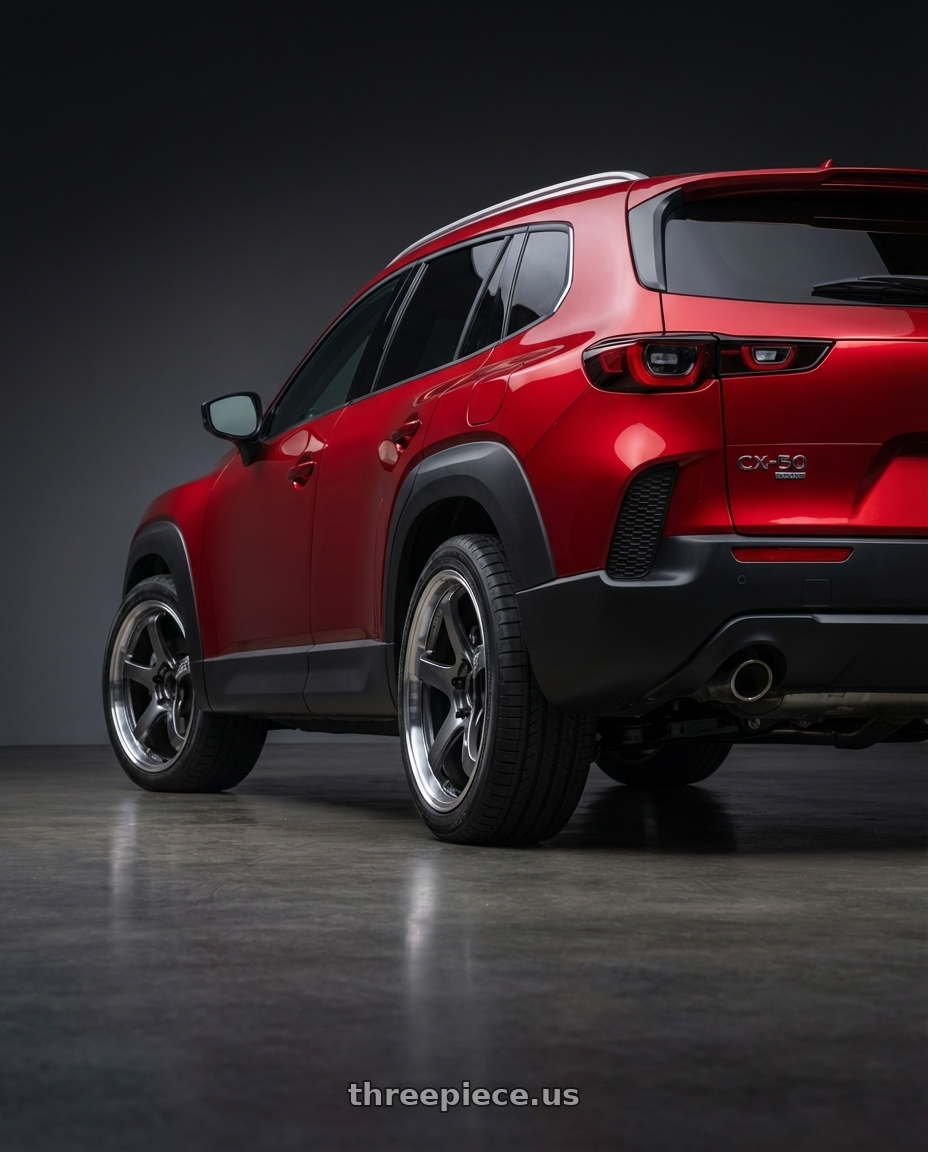 2023 mazda cx50 with Advan Racing GT BEYOND 5x114.3 18x9.5 +38 MACHINING & HYPER PLATINUM BLACK wheels rear three quarter view square tires