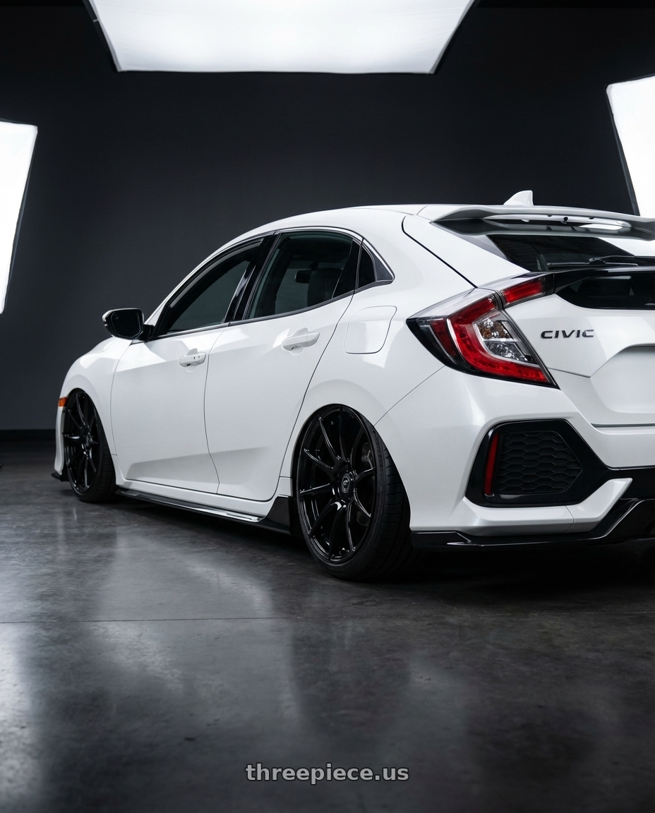 2019 Honda Civic with Forgestar CF10 5x114.3 19x10 +42 Gloss Black wheels rear three quarter view slight stretch tires