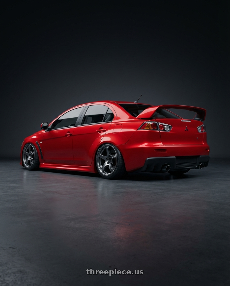 2012 Mitsubishi Lancer Evo X with Advan Racing TC4 5x114.3 18x8.5 +45 RACING GUNMETALLIC & RING wheels rear three quarter view slight stretch tires