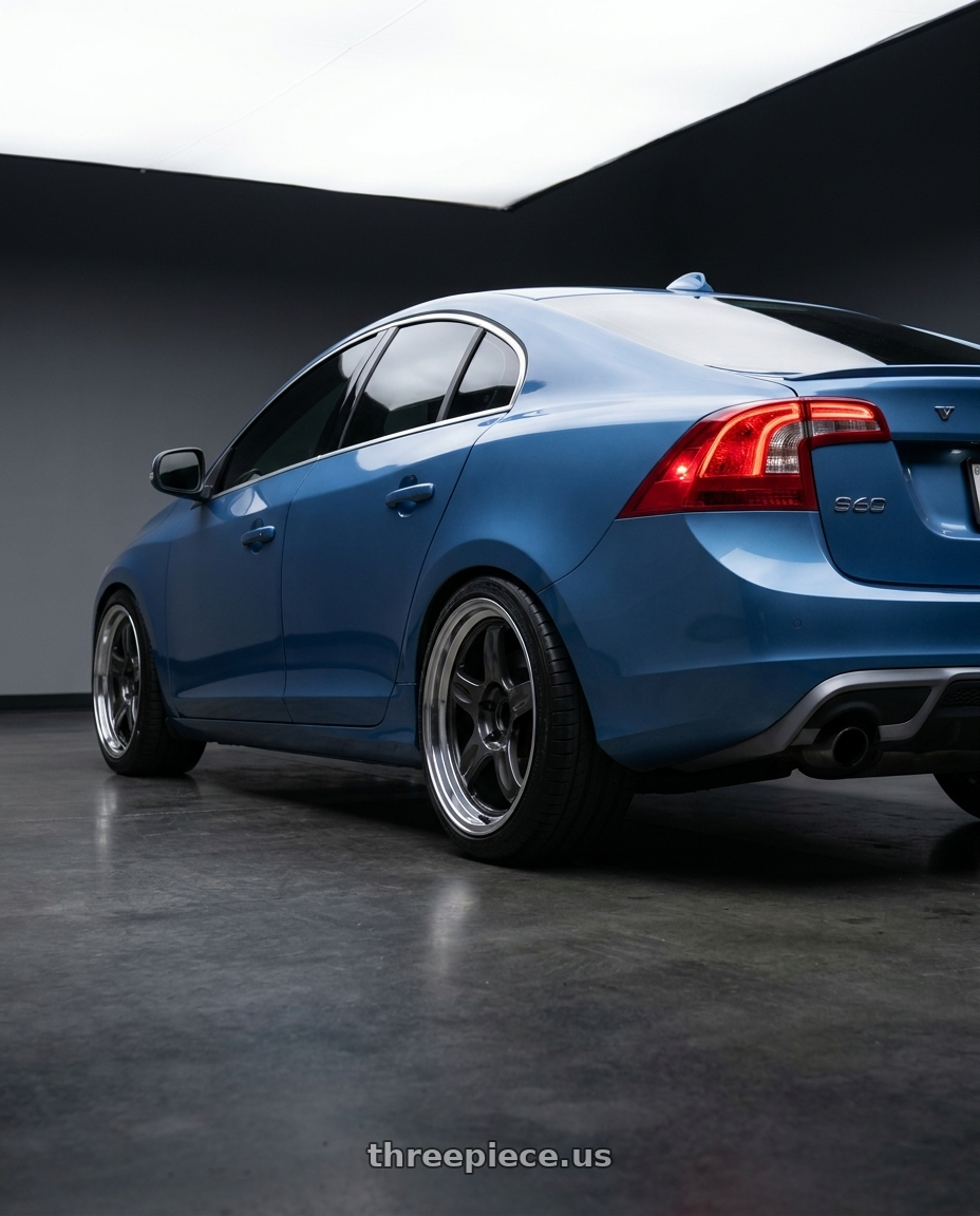 volvo 2015 s60 T6 with Volk Racing 21C 5x112 18x10.5 +30 DARK GUNMETAL / RIM DC wheels rear three quarter view square tires