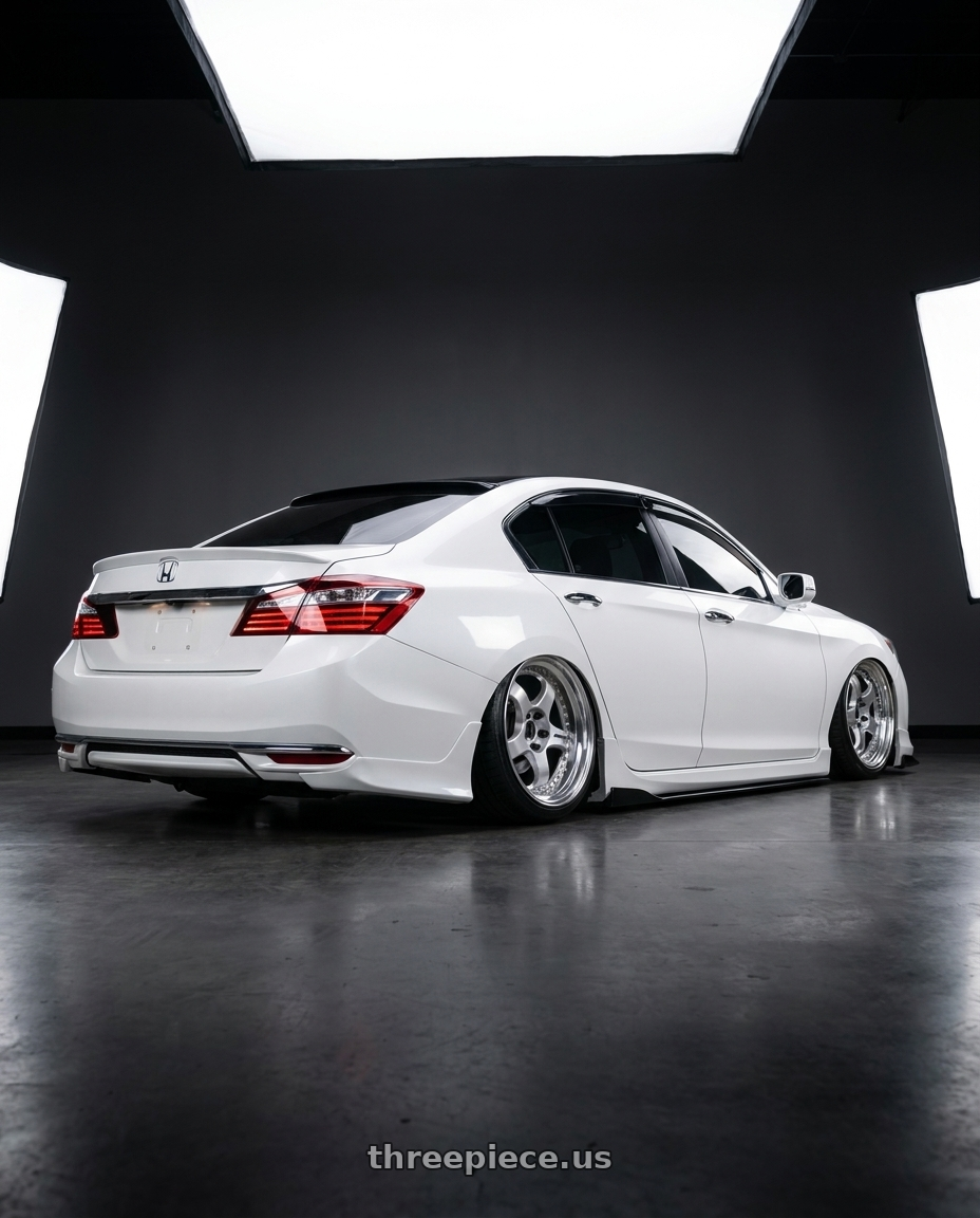 2016 honda accord with Work Meister S1 3P 4x100 17x8.5+29 W Disk Silver wheels rear three quarter view slight stretch tires