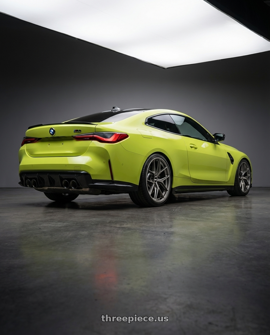 2024 BMW M4 G82 with BBS CC-R 5x112 19x8.5+40 Satin Platinum wheels rear three quarter view square tires