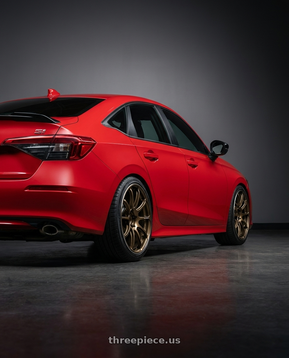 2026 Honda Civic Si with Advan Racing RSIII 5x114.3 18x9.5 +35 UMBER BRONZE METALLIC & RING wheels rear three quarter view slight stretch tires