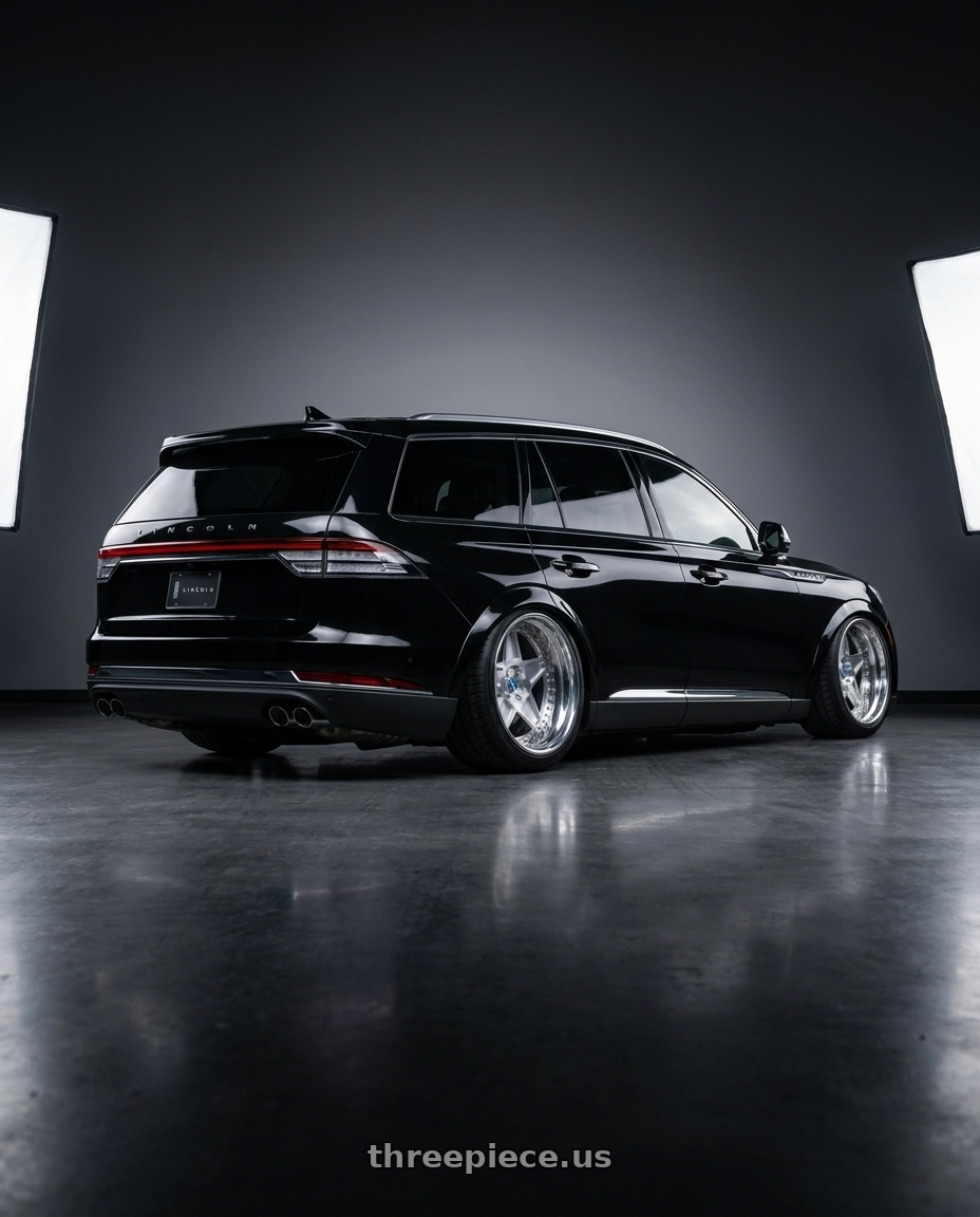 2025 Lincoln Aviator with Modern Concepts MC-13 5x114.3 18x8.5 +30 Brushed Face Chrome Lips wheels rear three quarter view meaty tires