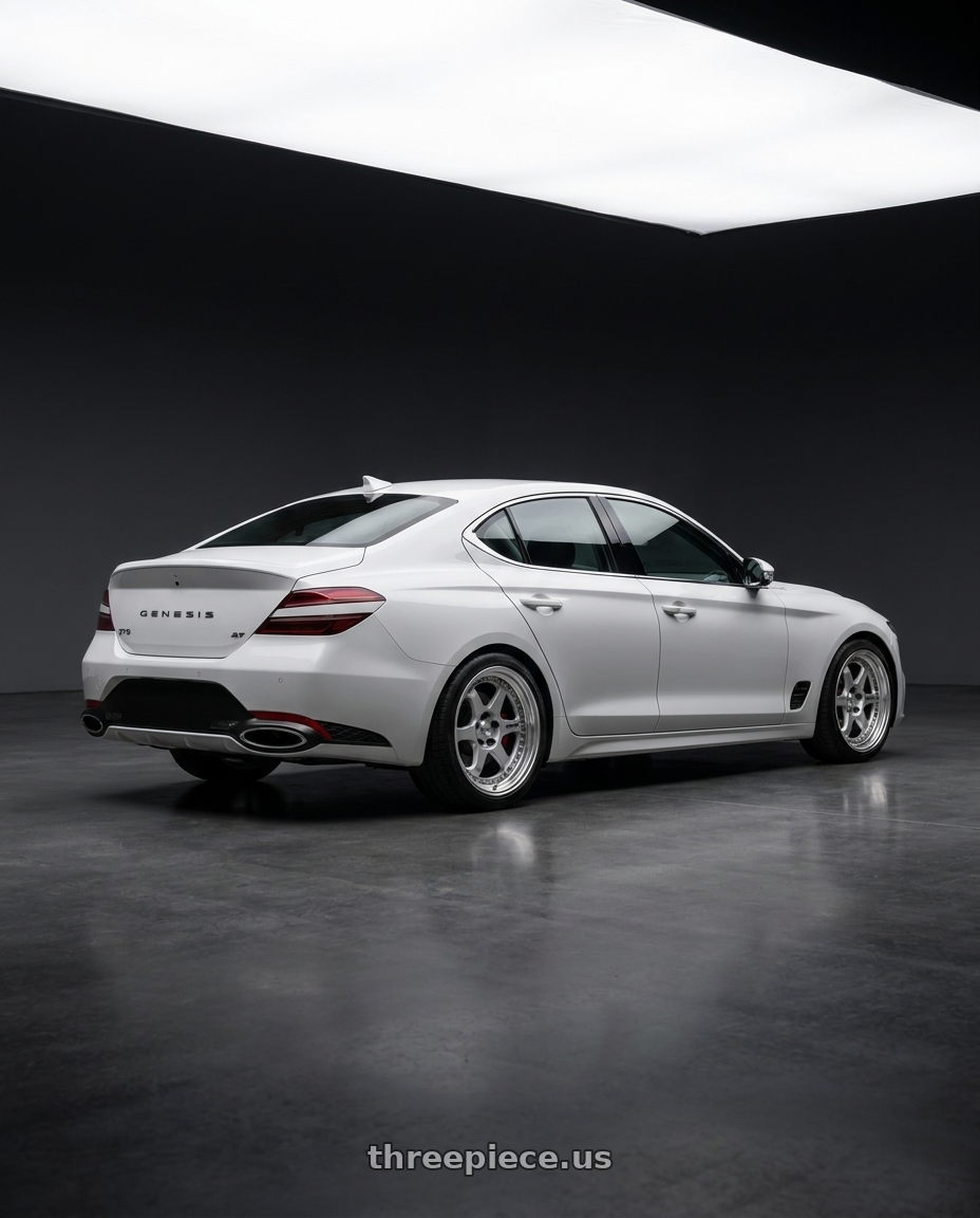 2025 Genesis g70 2 5 with Work Meister L1 3P 5x114.3 18x9+39 O Disk Matte Silver wheels rear three quarter view square tires