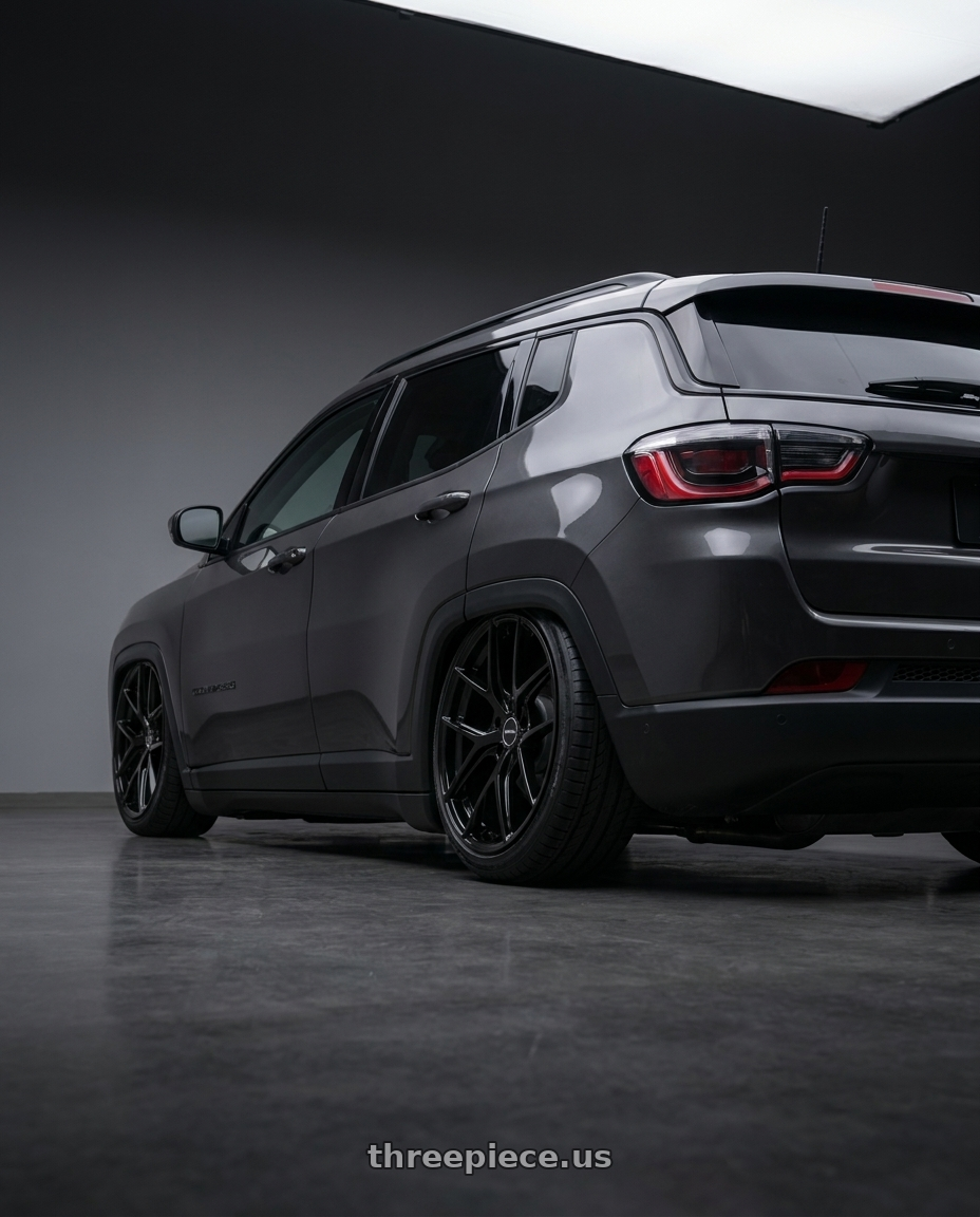 2025 Jeep compass altitude with Vors TR88 5x110 18x8.5 +35 Gloss Black wheels rear three quarter view slight stretch tires