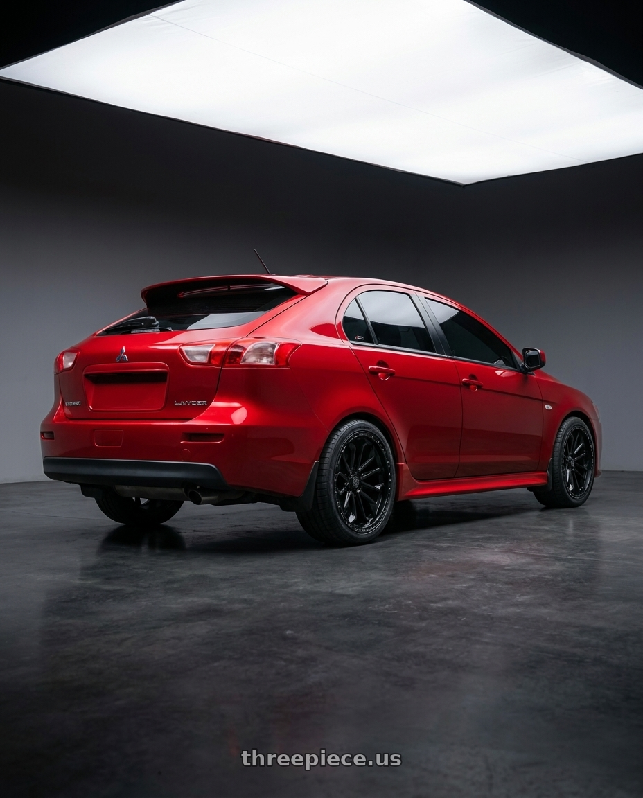 2016 Lancer sportback with TIS 556SB 6x139.7 20x9 +18 Satin Black wheels rear three quarter view square tires