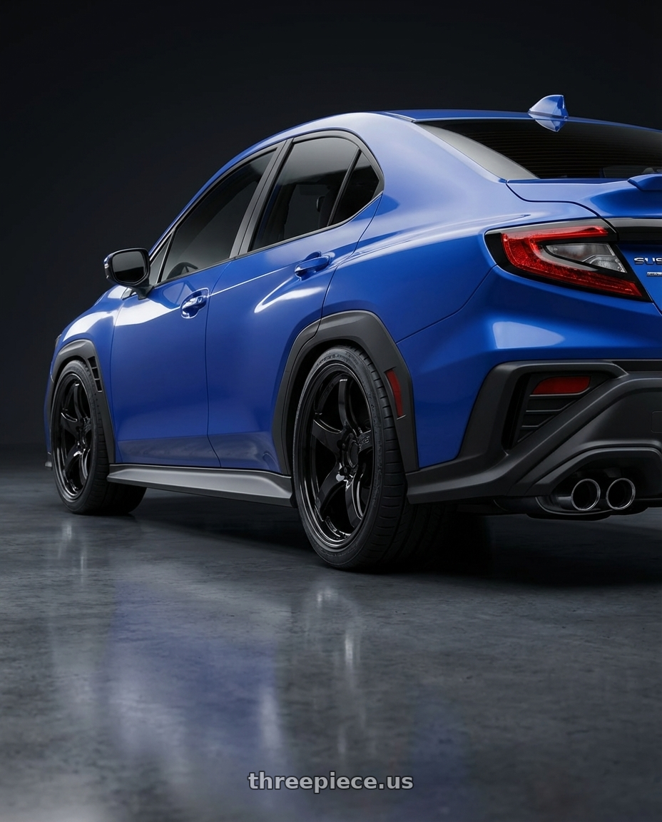 2024 Subaru WRX with Gram Lights 57CR 5x114.3 18x10.5+12 Glossy Black wheels rear three quarter view square tires