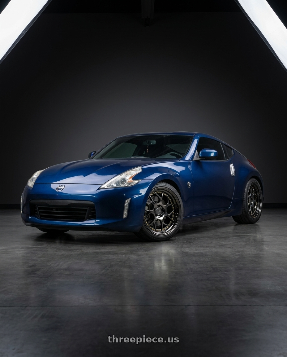 2016 Nissan 370z with Aodhan DS01 5x114.3 19x10.5+22 Black Vacuum W/ Gold Rivets wheels