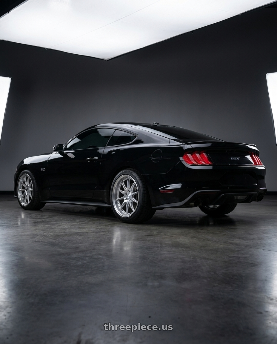 2021 Mustang gt fastback with Aodhan DS07 5x114.3 19x9.5 +30 Silver w/Machined Face wheels rear three quarter view meaty tires