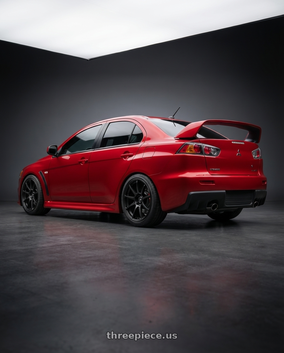 2012 Mitsubishi Lancer Evo X with Ssr Gtv02 5x114.3 18x8+35  FLAT BLACK wheels rear three quarter view square tires
