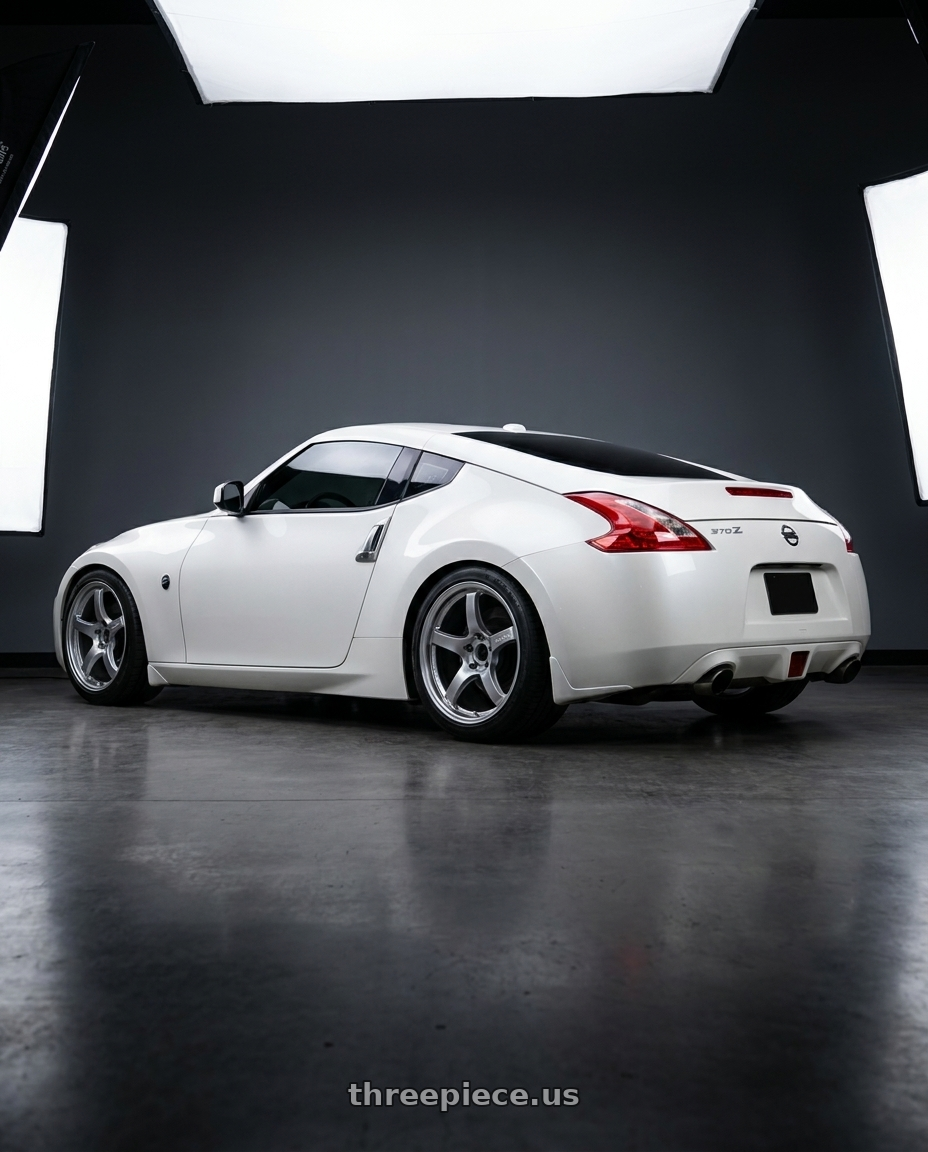 2017 Nissan 370Z with Gram Lights 57CR 5x114.3 19x9.5 +25 GRACE SILVER wheels rear three quarter view square tires