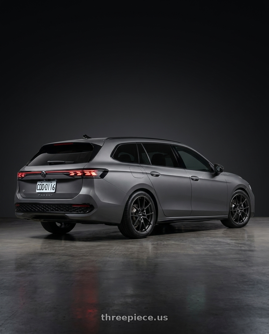 2025 Passat Variant with Volk Racing G025 5x112 20x9.0+30 Matte Gunblack / Rim Edge DC wheels rear three quarter view square tires