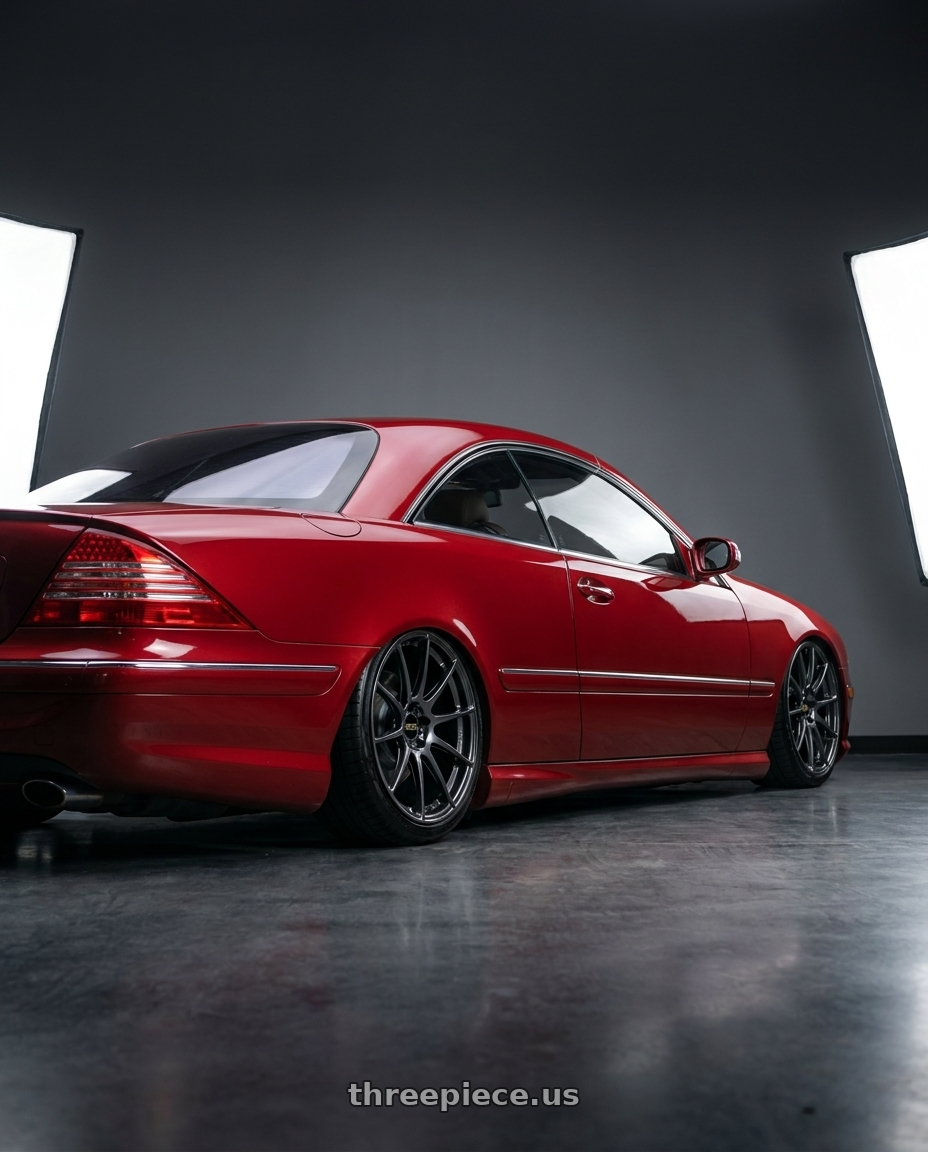 2006 Mercedes CL500 with BBS FS 5x112 19x10 +38 PFS Diamond Black wheels rear three quarter view extreme stretch tires