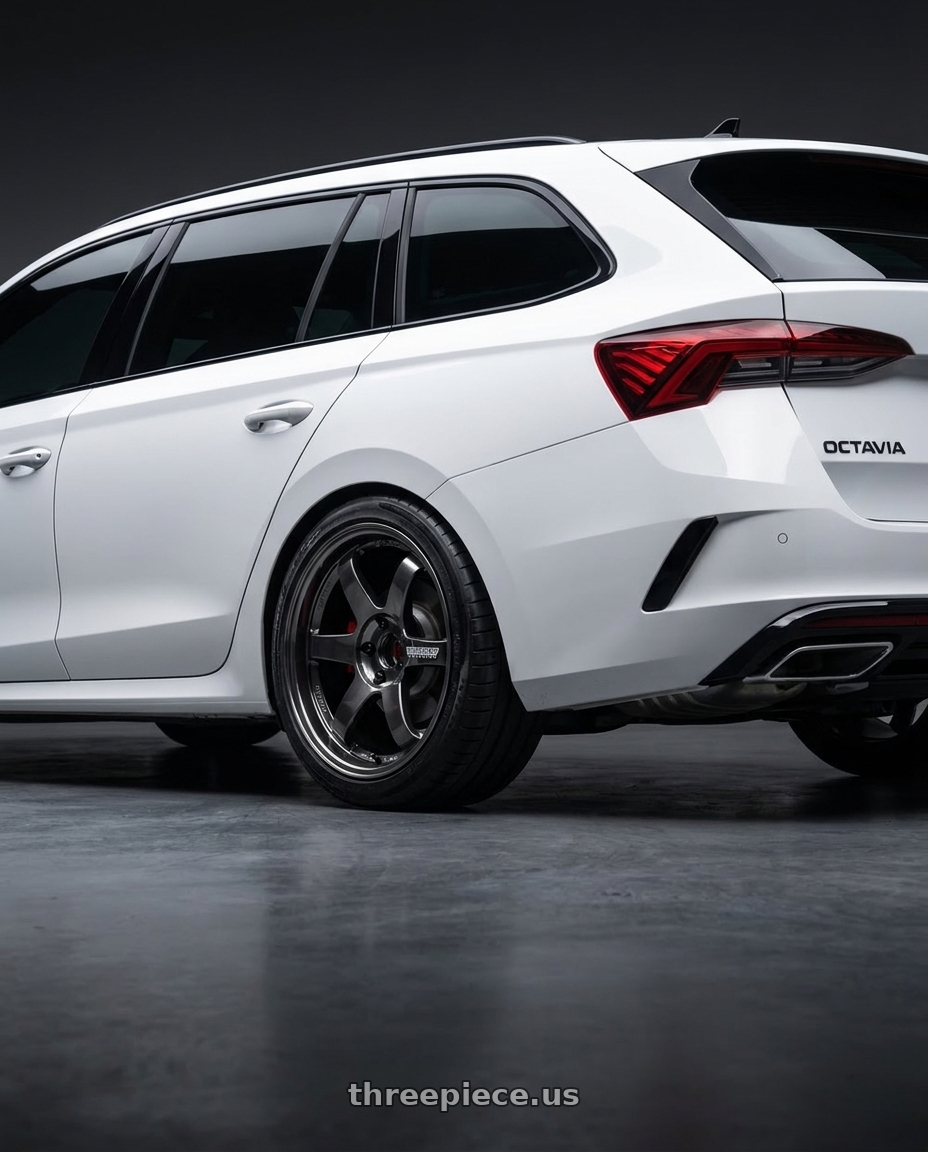 2025 Skoda Octavia rs with Volk Racing G16 M-SPEC 5x114.3 19x10.5 +35 SHINING BLACK METAL wheels rear three quarter view square tires