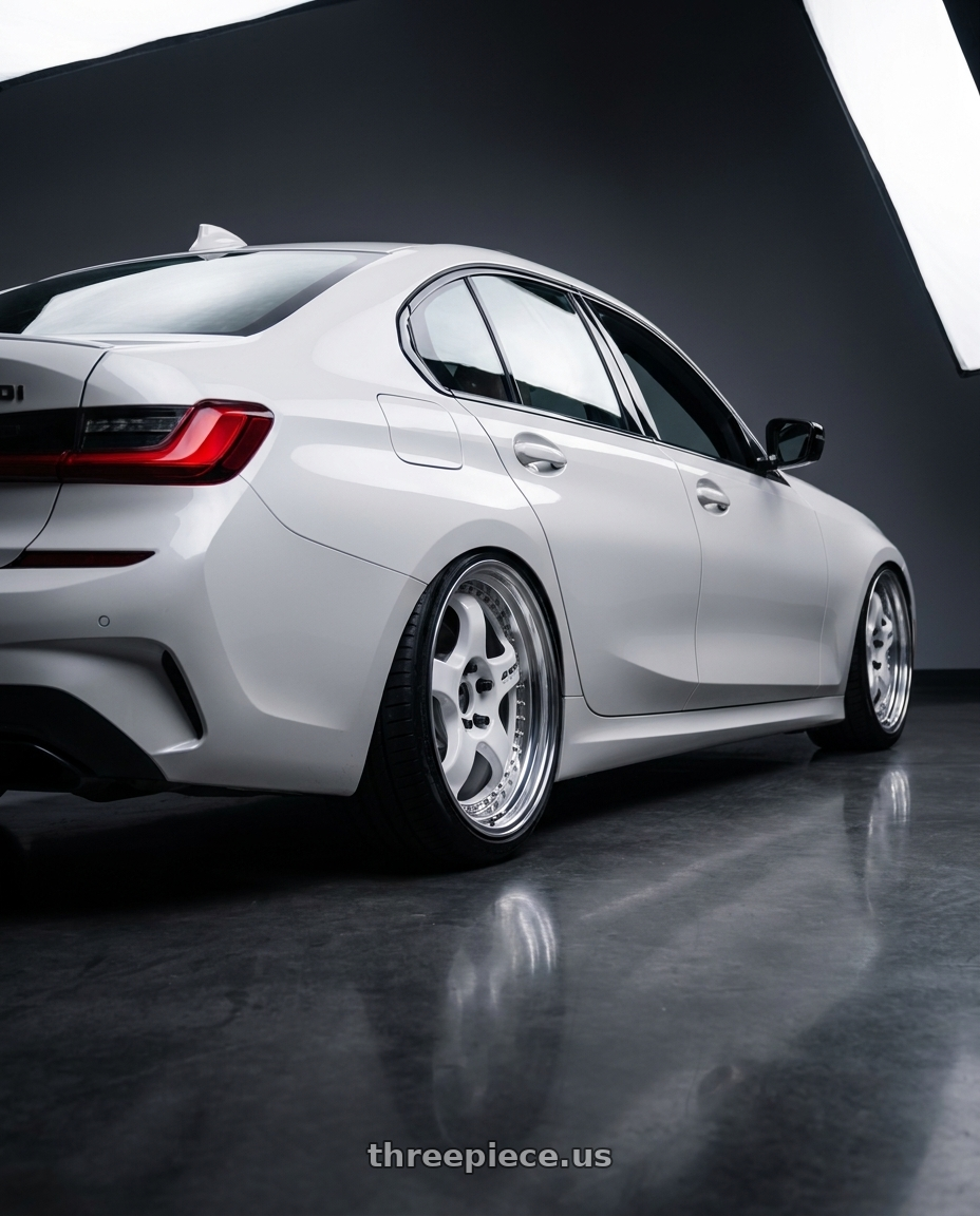 2025 BMW M340i xdrive with Work Meister S1 3P 5x112 19x8.5+45 L Disk White wheels rear three quarter view square tires