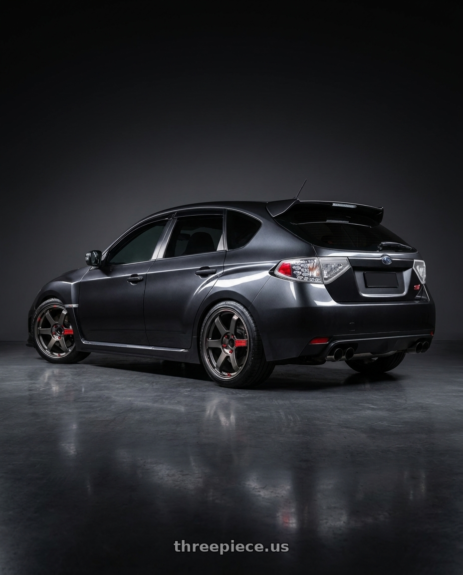 2010 SUBARU WRX STI 10 with Volk Racing TE37 Saga SL 5x100 18x8.5+45 Pressed Graphite wheels rear three quarter view slight stretch tires