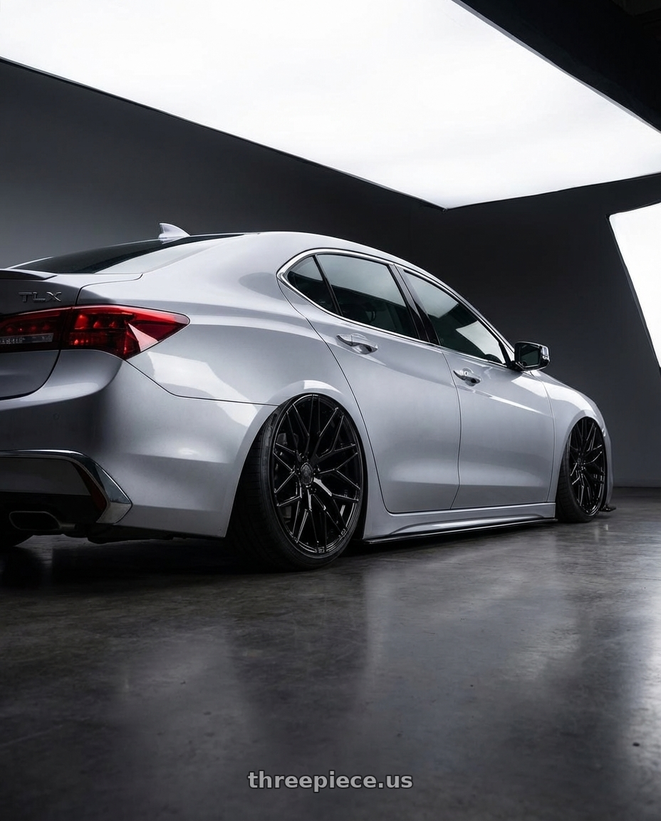 2019 Acura TLX with Avant Garde Wheels M520R 5X114.3 20x10 +35 Gloss Black wheels rear three quarter view slight stretch tires