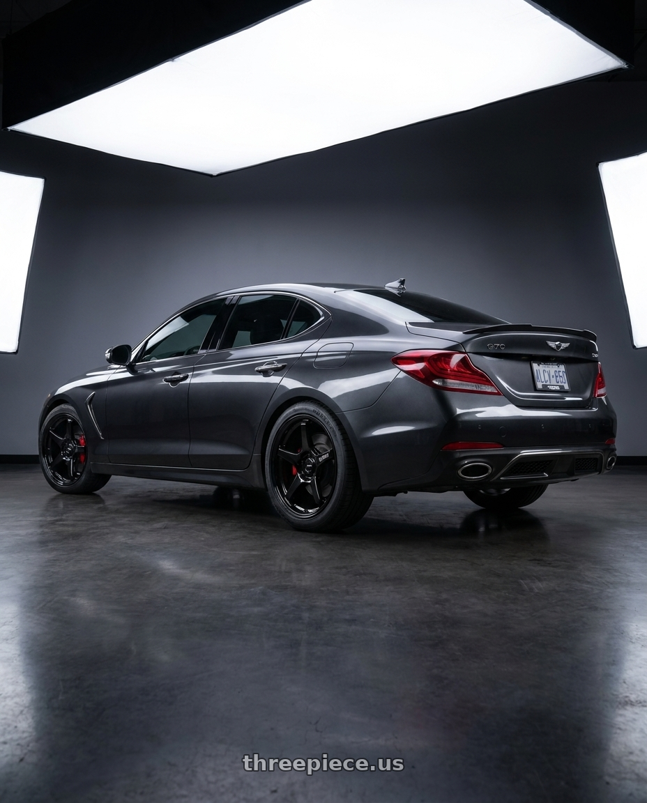 2019 Genesis G70 with Enkei TS-5 5x114.3 17x8+40 Gloss Black wheels rear three quarter view slight stretch tires