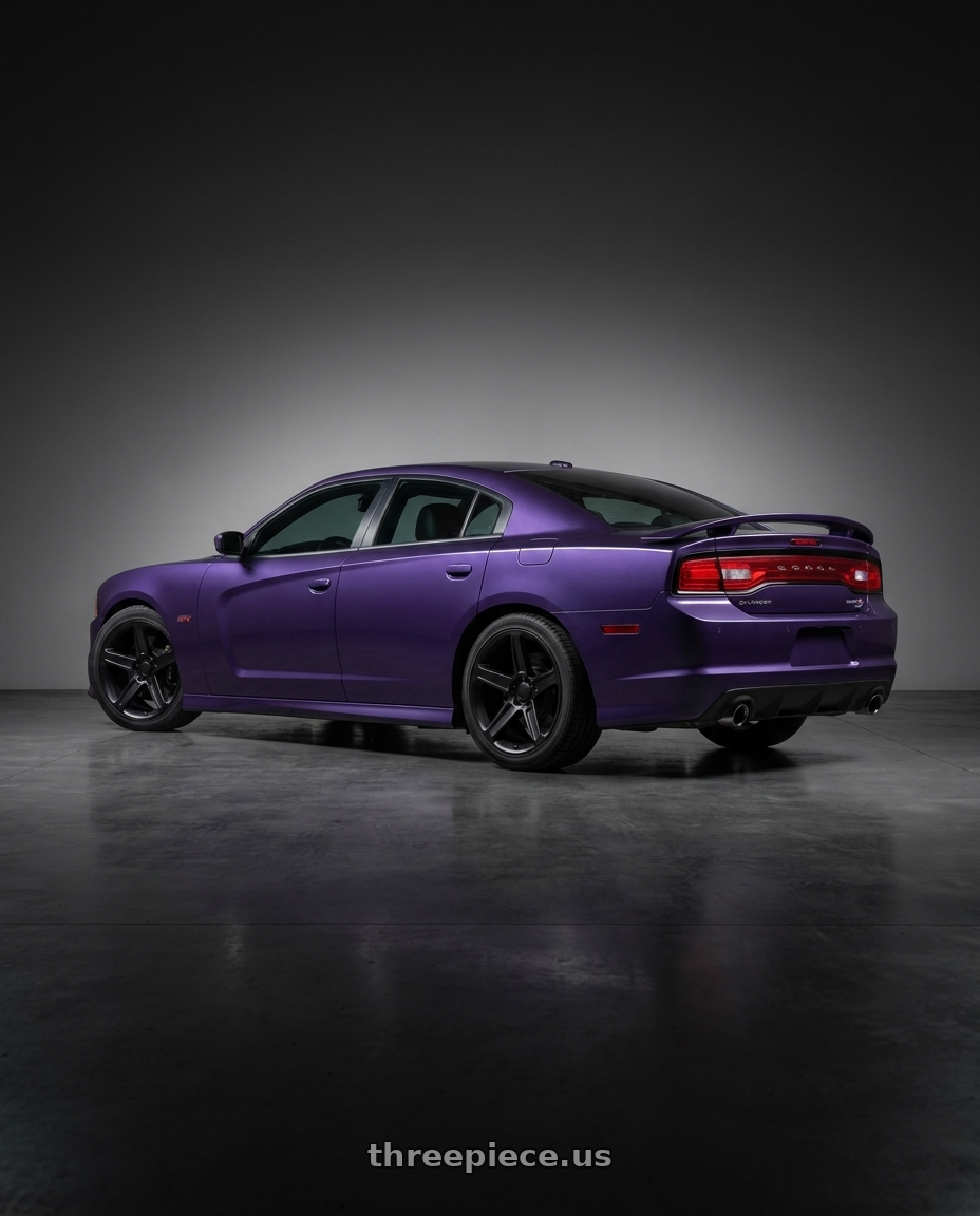 2014 Dodge Charger SRT8 Plum with Performance Replicas PR186 5X115 20X9 +20 MATTE BLACK wheels rear three quarter view square tires