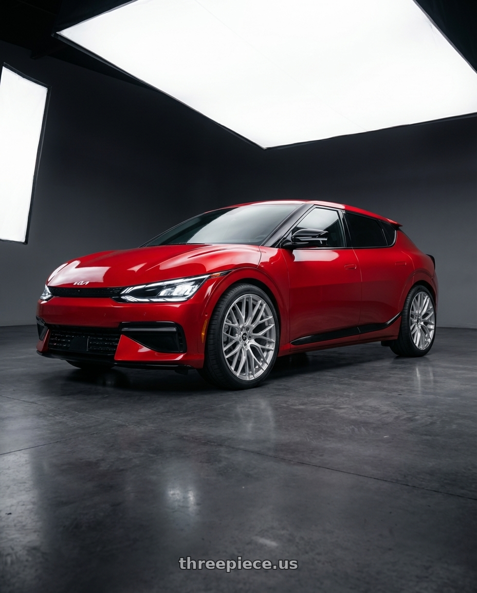 2024 kia ev6 with Fittipaldi 360BS 5x114.3 20x8.5 +38 Brushed Silver wheels front three quarter view stock stance