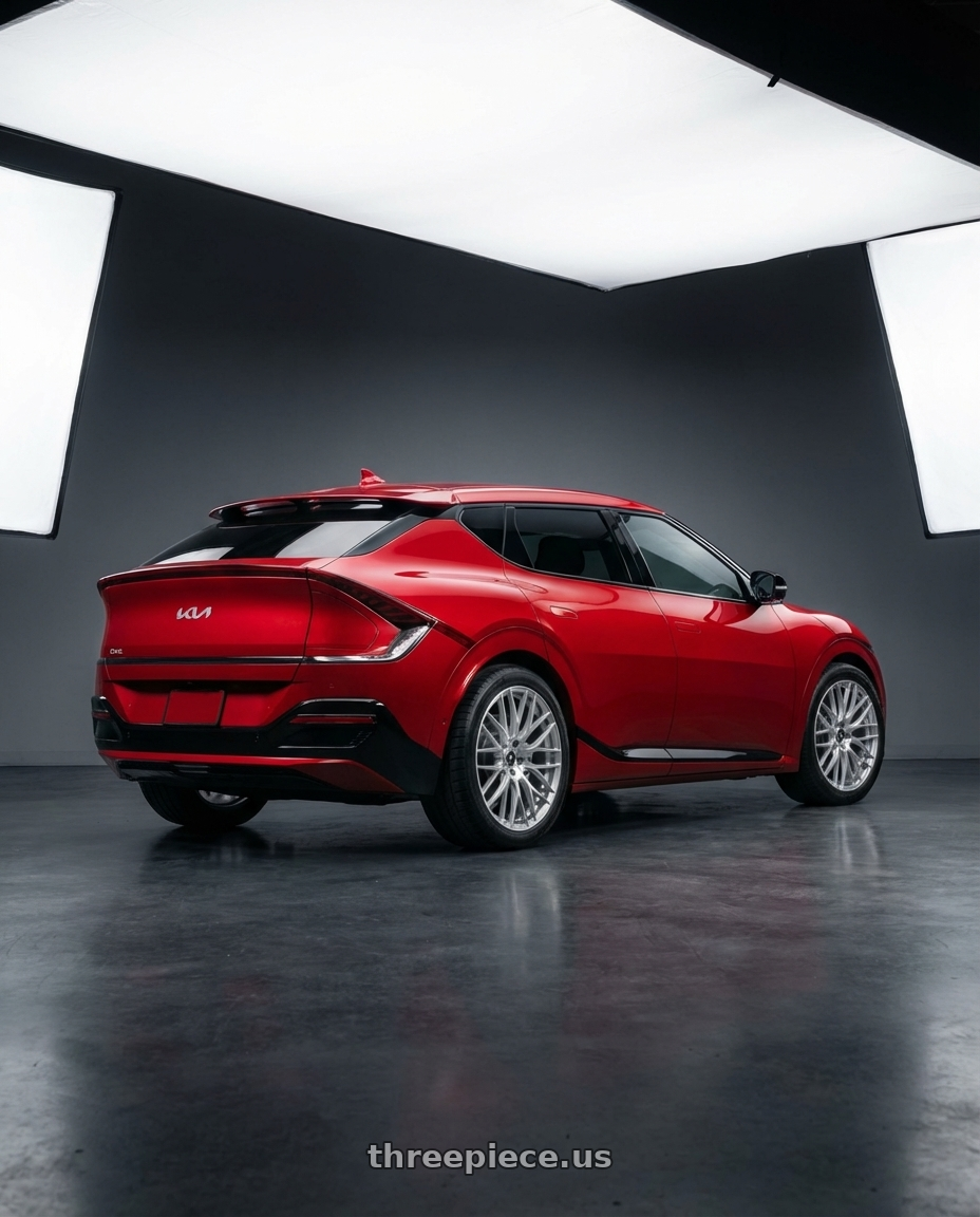 2024 kia ev6 with Fittipaldi 360BS 5x114.3 20x8.5 +38 Brushed Silver wheels rear three quarter view square tires