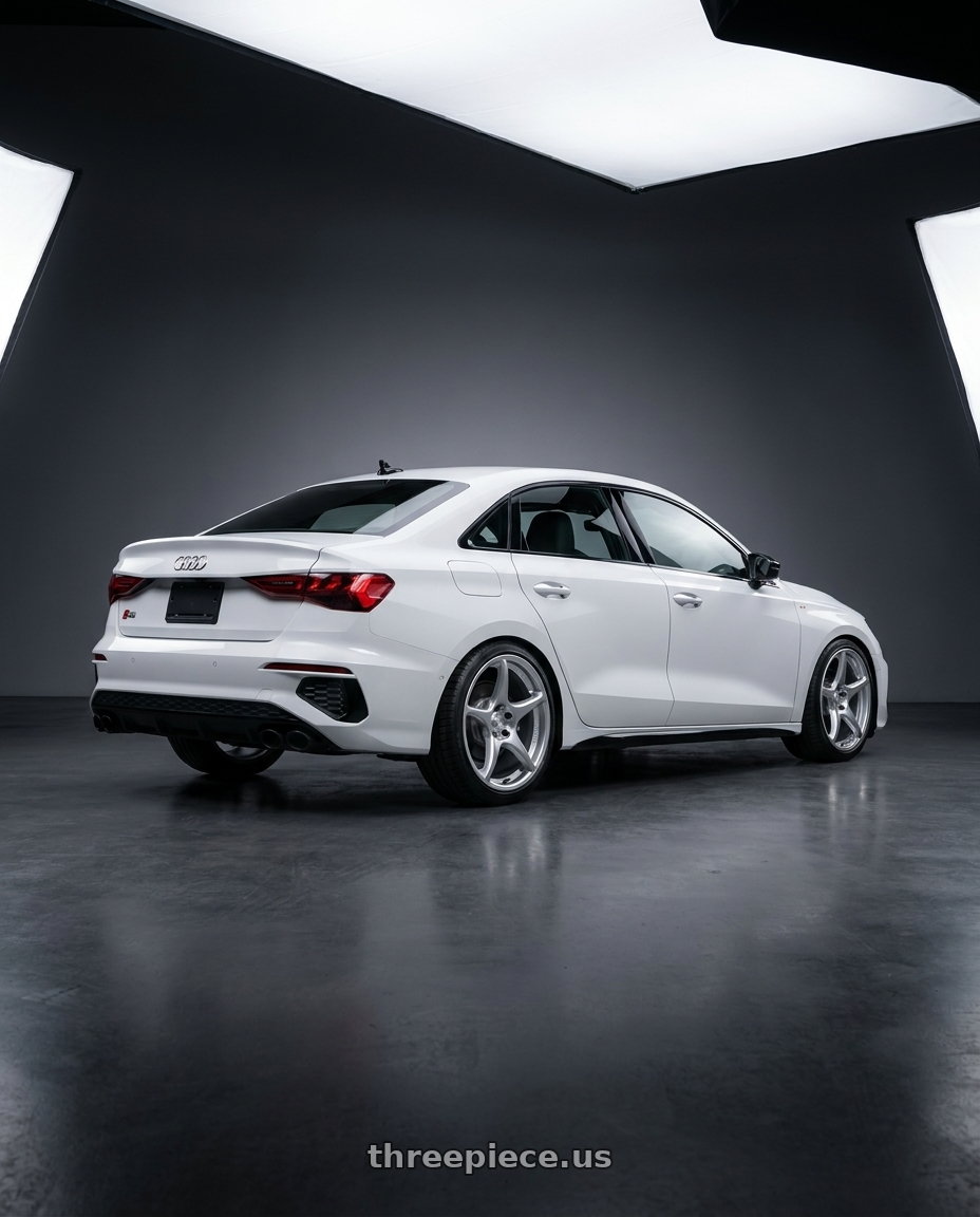 2024 Audi S3 8Y with Kansei K11S Tandem 5X112 19x9.5 22 Hyper Silver wheels rear three quarter view square tires