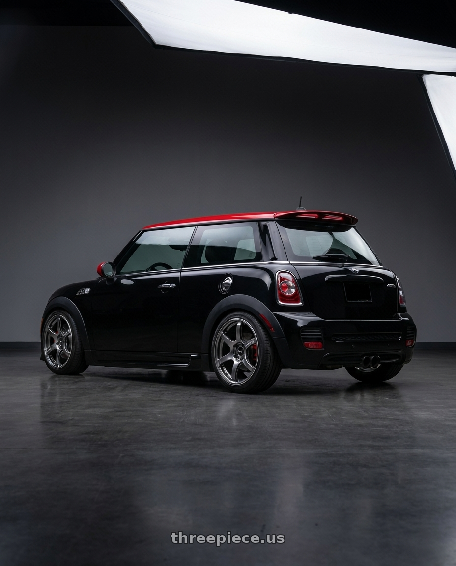 2013 Mini Cooper John Cooper Works with Advan Racing TC4 4x98 17x7.5 +35 RACING GUNMETALLIC & RING wheels rear three quarter view slight stretch tires