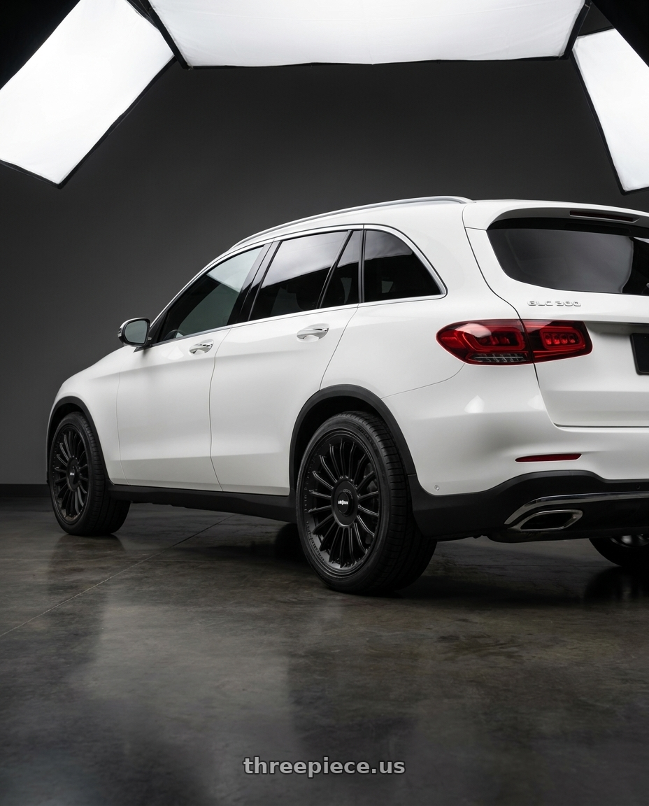 2022 Mercedes Glc300 with Rotiform 1PC R161 BUC-M BLANK 19X8.5 +35 MATTE BLACK wheels rear three quarter view square tires