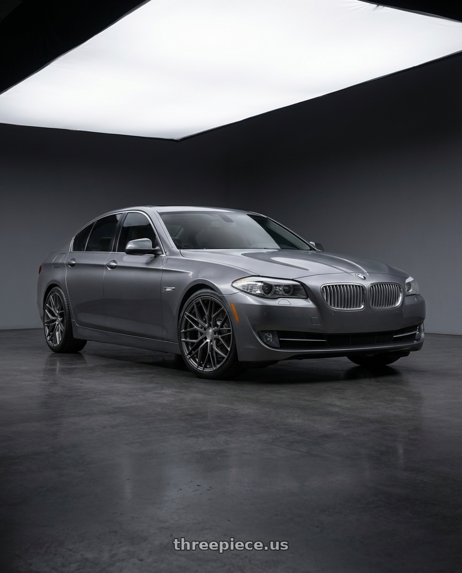 2016 BMW 5 Series F10 with Avant Garde Wheels M520R 5X120 19x8.5 +34 Dark Graphite Metallic wheels front three quarter view lowered stance