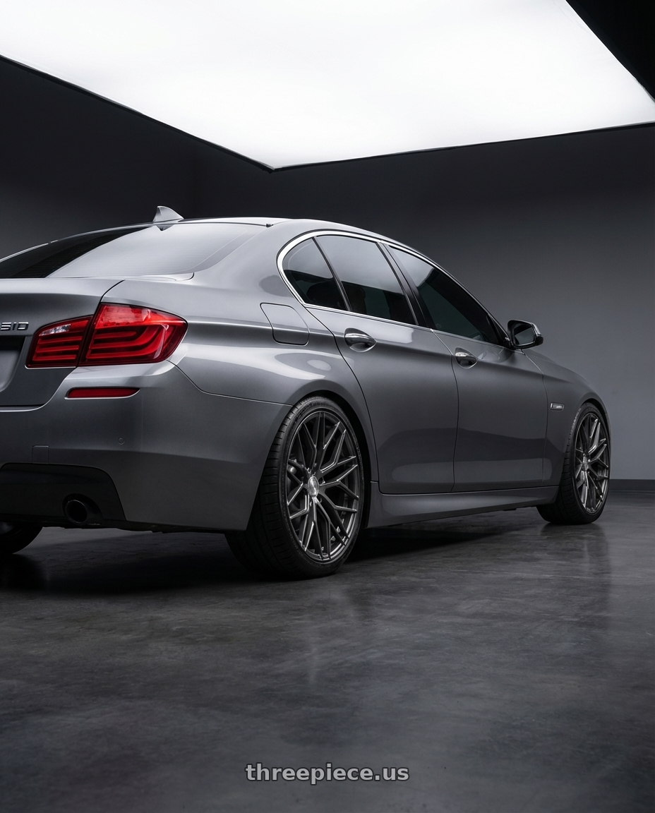 2016 BMW 5 Series F10 with Avant Garde Wheels M520R 5X120 19x8.5 +34 Dark Graphite Metallic wheels rear three quarter view square tires