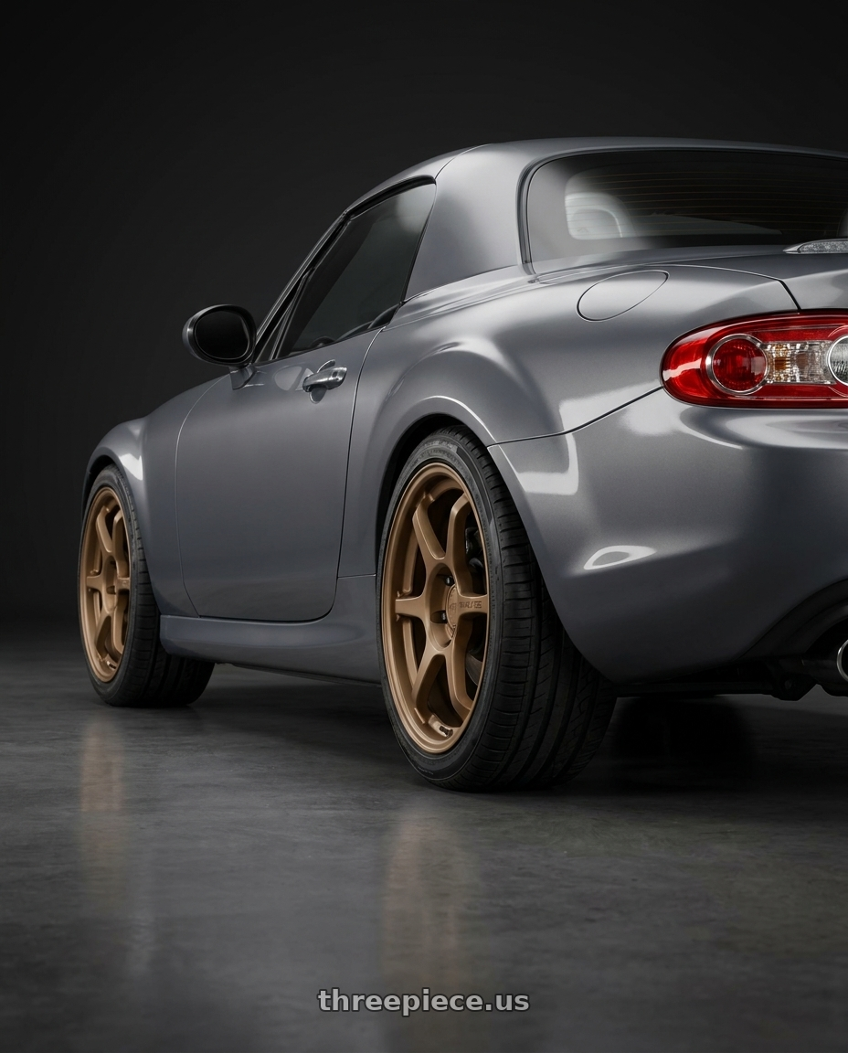 2014 Mazda Miata with Motegi MR145 TRAKLITE 3.0 5X114.3 17X8.5 +42 MATTE BRONZE wheels rear three quarter view square tires